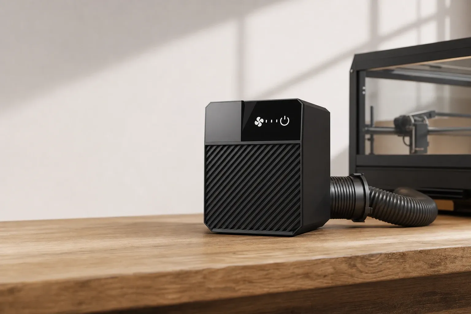 Compact black indoor laser fume extractor with digital control panel and flexible hose connected to a desktop laser engraver, placed on a wooden workbench in a clean, well-lit workshop environment.